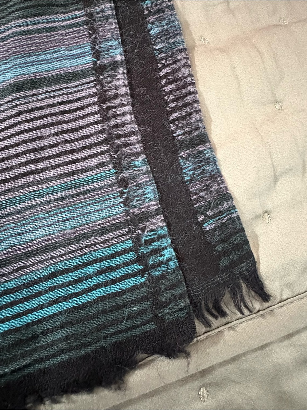 Jacquard Striped Scarf Wrap Fine Woven Wool & Silk; Black, Lilac, Teal, Grey